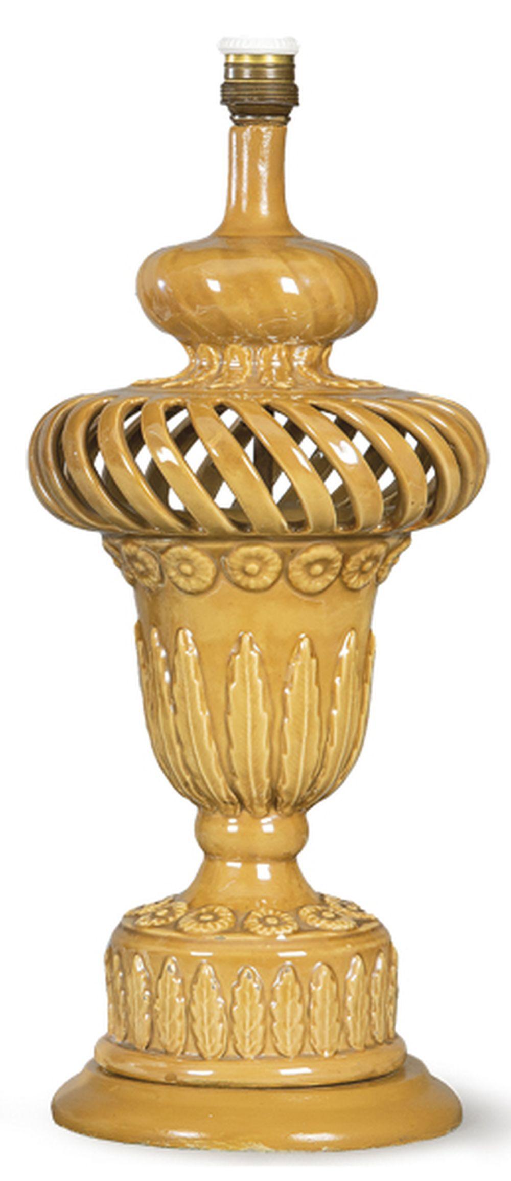 Ma-li Wu comparable auction result: table lamp in the shape of a cup with leaves and flowers in relief in brown glazed ceramic from mani