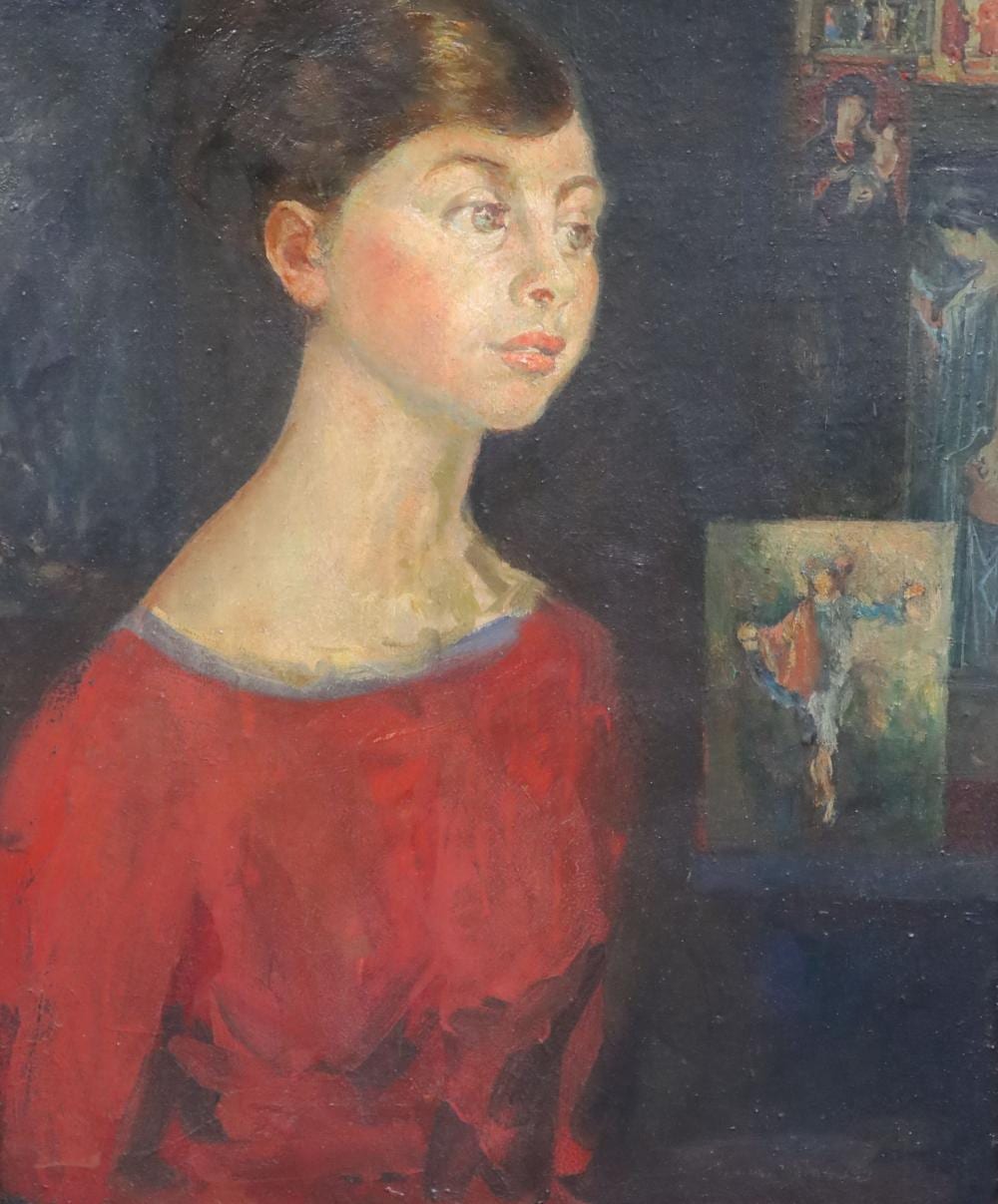 Marian Kratochwil comparable auction result: marian kratochwil polish 1906 1997 portrait of a young lady with religious imagery beyond oil on canvas 51 x 41cm