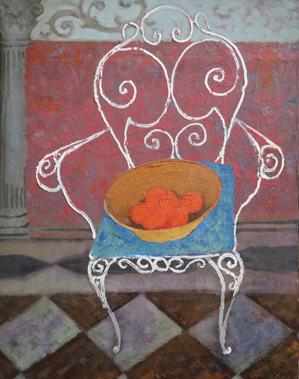 Ernst Neuschul comparable auction result: ernst neuschul austrian 1895 1968 still life of oranges upon a wrought iron chair oil on canvas 91 x 76cm
