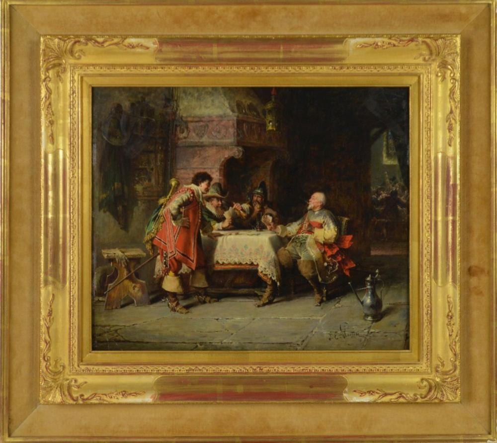 Jakob Emanuel Gaisser comparable auction result: jakob emanuel gaisser german 1825 1899 oil on board interior scene 17th century gentleman playing cards signed lower right 14 x 16 inches