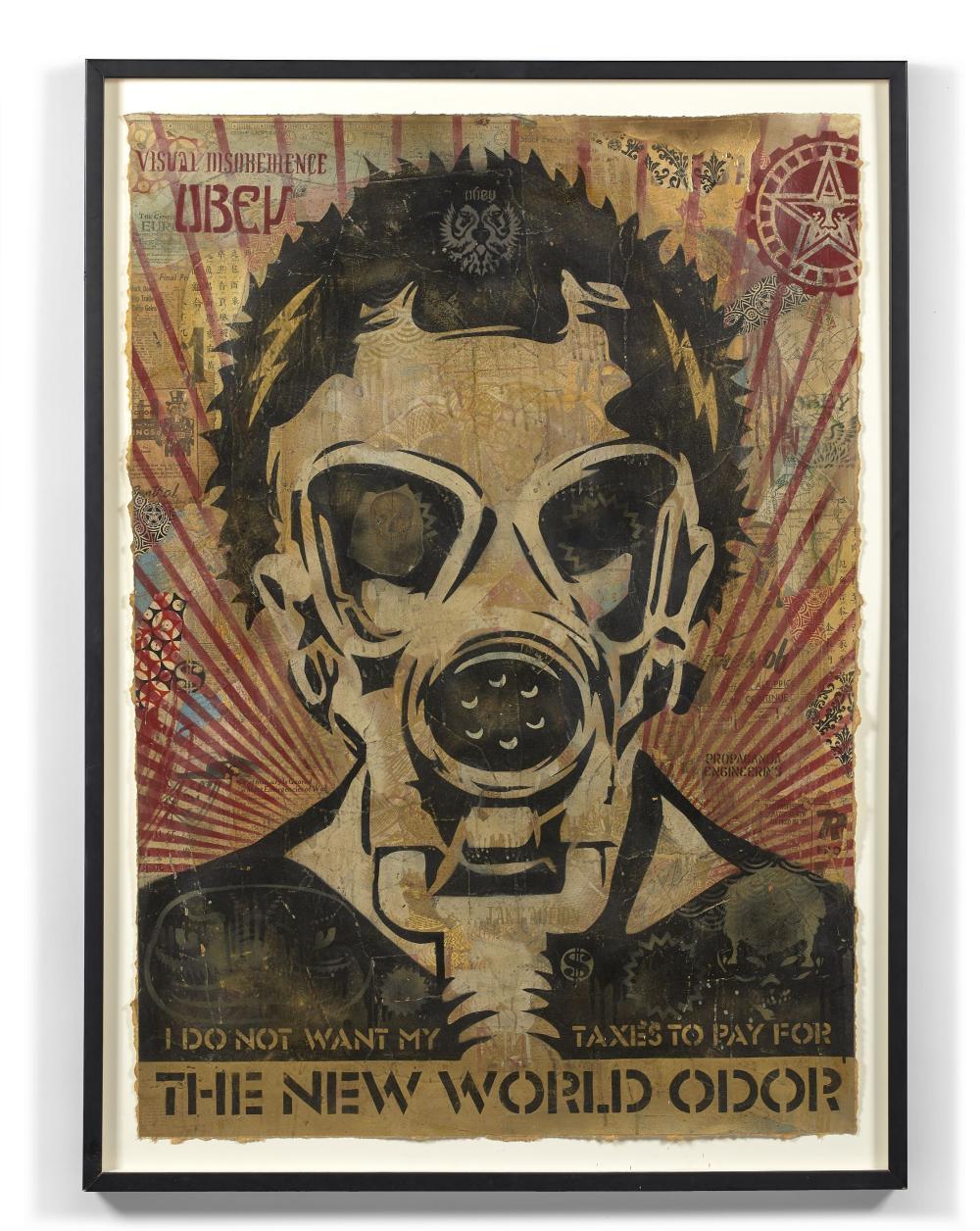 Framed street-art collage print with a large stylized black-and-beige animal face, red and gold patterned background, and banded text at the bottom.