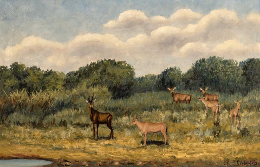 Simon Moroke Lekgetho comparable auction result: simon moroke lekgetho sa 1929 1985 oil tsessebe in a landscape signed dated 68 28 x 44