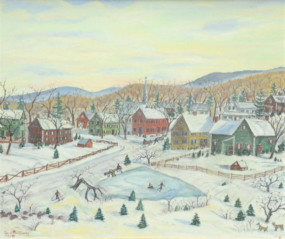 David Montgomery comparable auction result: david montgomery american b 1952 winter landscape in the mountains with ice skaters and a horse drawn carriage oil on canvas