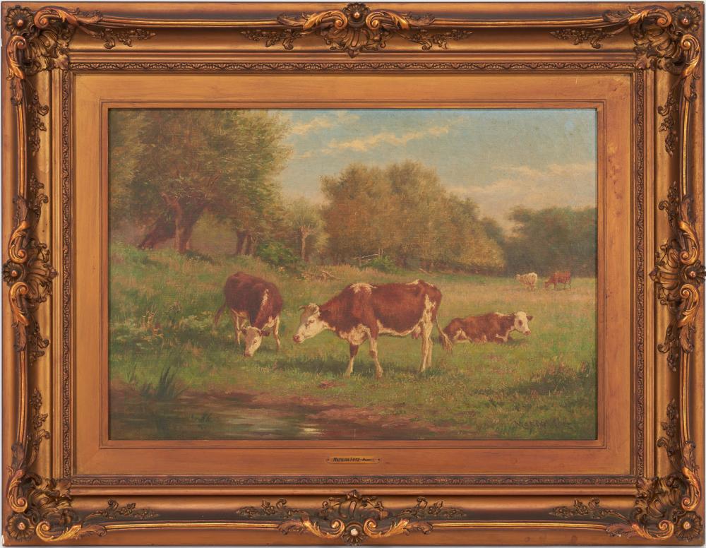 Framed landscape painting showing several brown cows and calves grazing on green grass under trees in soft daylight.