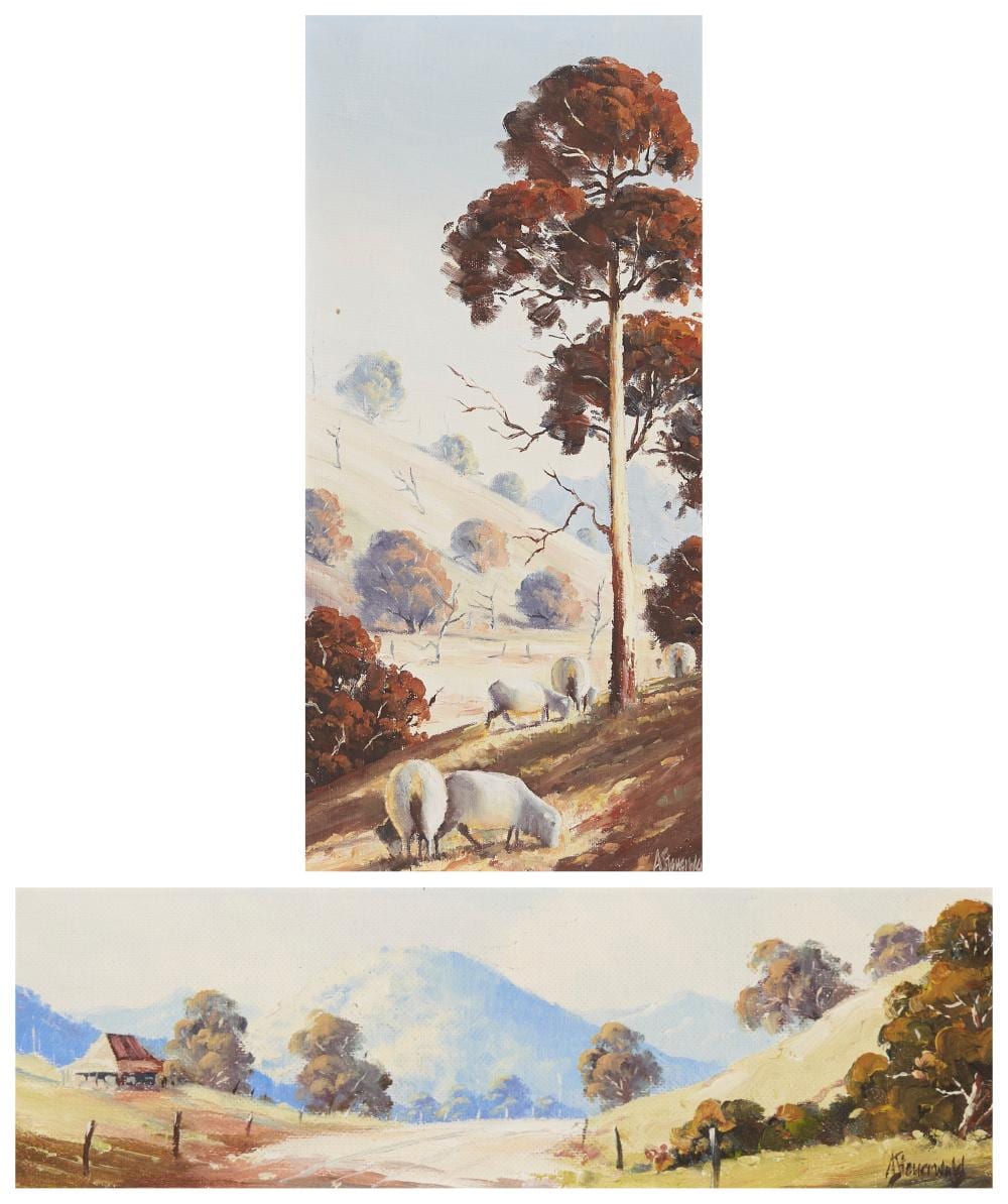 Alex Steuerwald comparable auction result: alex steuerwald 2 works country nsw pastoral scenes oil on canvas board 39 x 19 cm 9 x 29 5 cm frame 51 x 30 x 2 cm 21 x 42