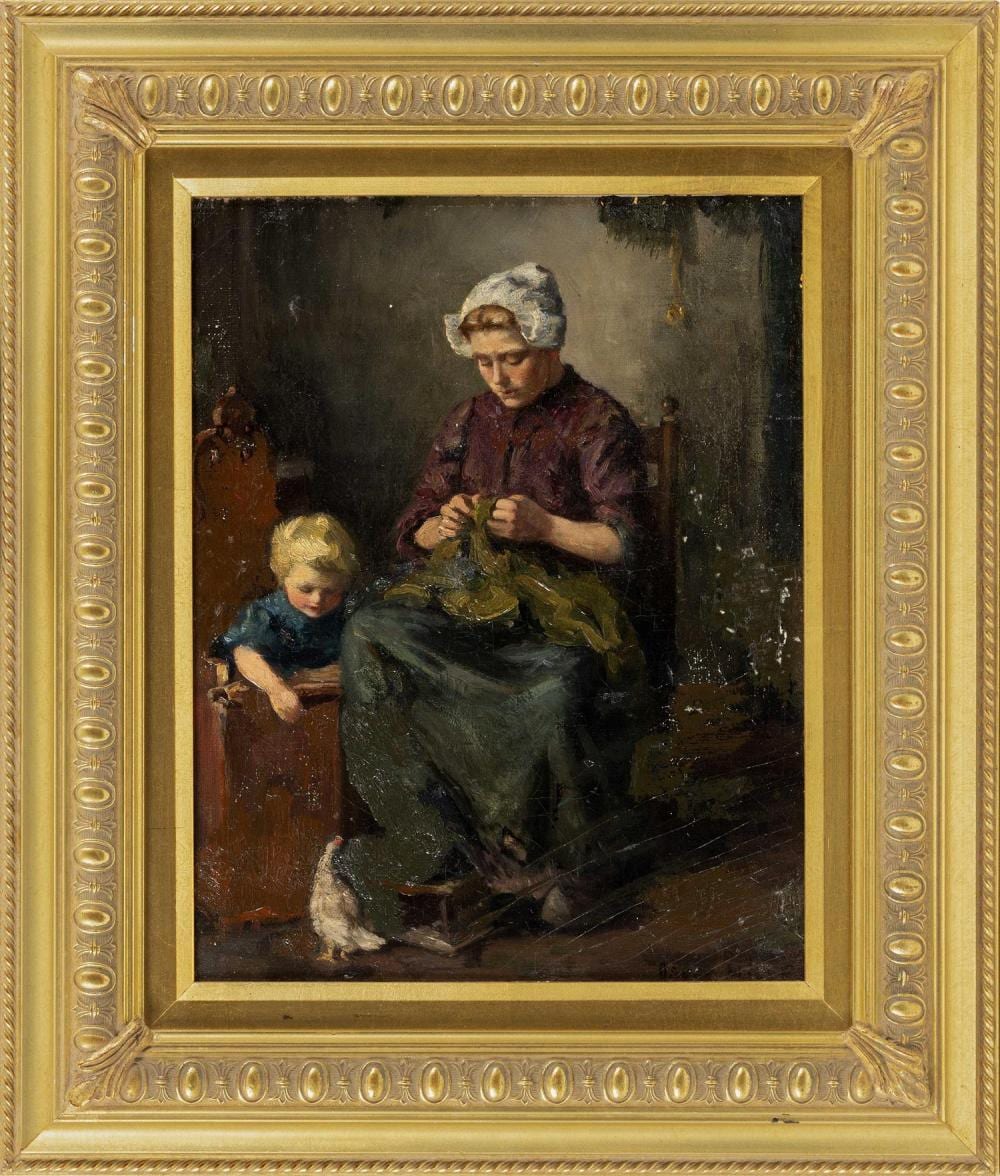 oscar miller rhode island 1867 1921 interior scene of a woman knitting and a child playing oil on canvas laid down on board 14 x 11 framed 21 x 17 · Eldred's · 2021-07-28 Oscar Miller comparable auction result: oscar miller rhode island 1867 1921 interior scene of a woman knitting and a child playing oil on canvas laid down on board 14 x 11 framed 21 x 17