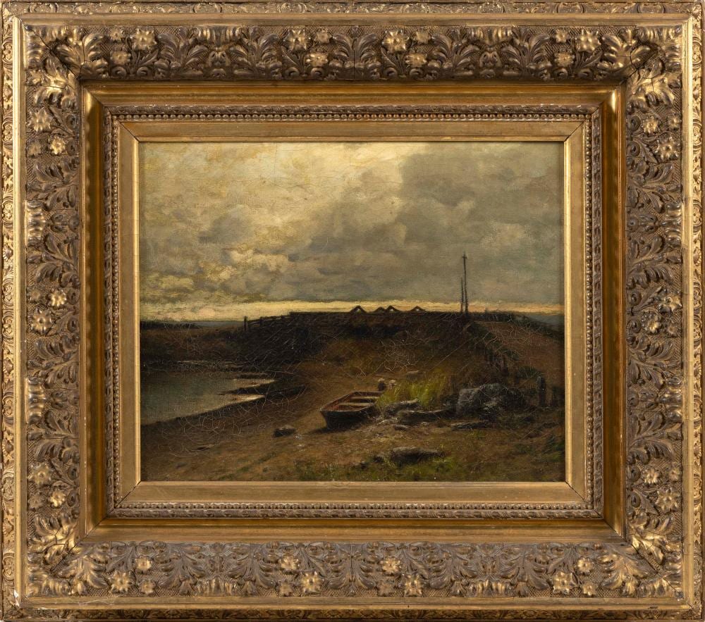 Frank Anderson comparable auction result: frank anderson new york 1844 1891 coastal inlet with pier and beached dory oil on canvas 12 5 x 15 5 framed 22 x 25