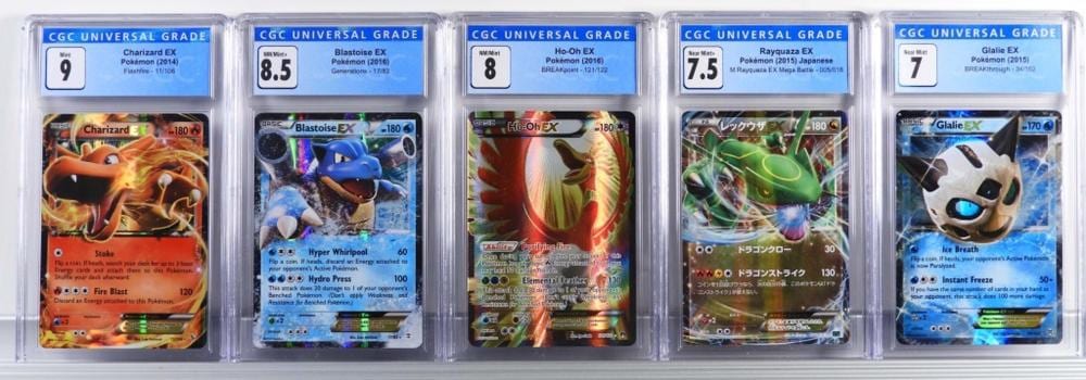 Five Pokémon EX trading cards in plastic slabs labeled “CGC UNIVERSAL GRADE.”