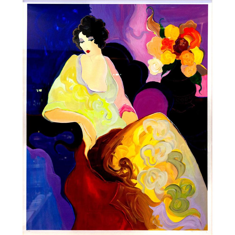 Color serigraph print of a seated woman in a light yellow dress holding a large bouquet of multicolored flowers, set against a purple and blue background.