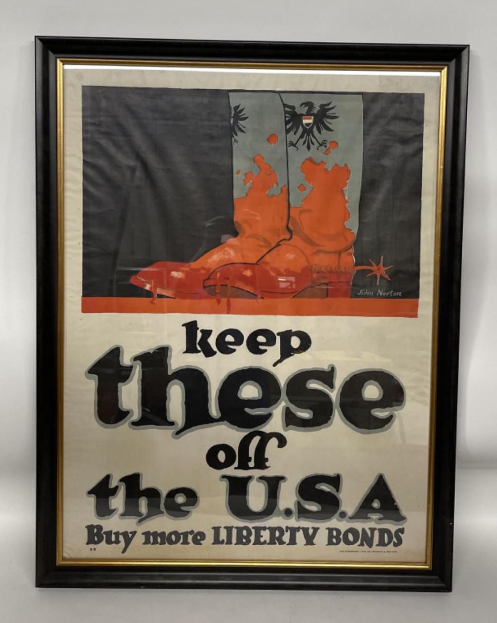 Framed World War I-style war bond poster reading “Keep these off the U.S.A.” and “Buy more Liberty Bonds,” with an illustrated orange figure over a gun graphic.