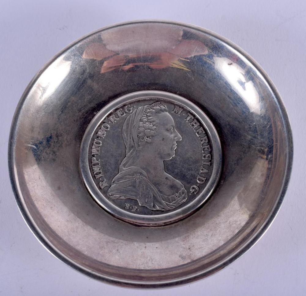 SILVER COIN DISH INSERT WITH AUSTRIAN MARIA THERESA THALER. 100g. 9cm Diameter sold by Hannam's Auctioneers, lot 1087 — auction record photograph