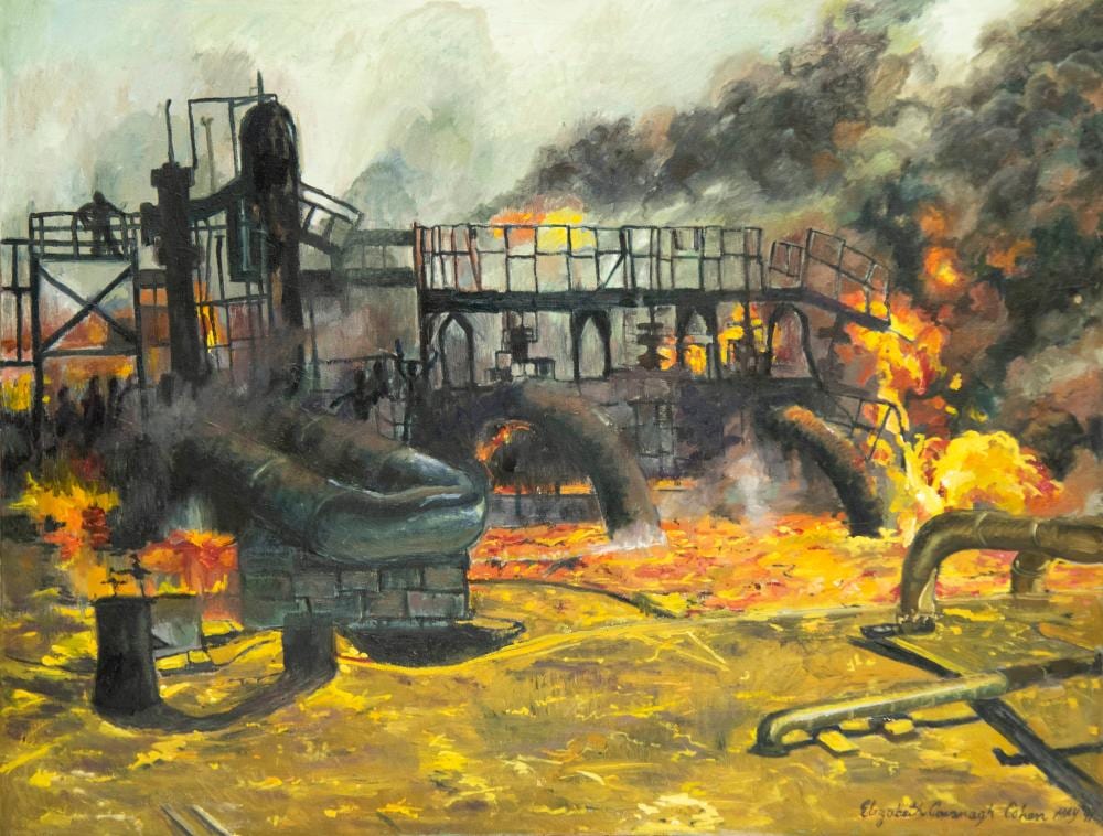 Elizabeth Cavanagh Cohen comparable auction result: elizabeth cavanagh cohen st louis industrial fire 1991 oil on canvas 26 x 34 inches