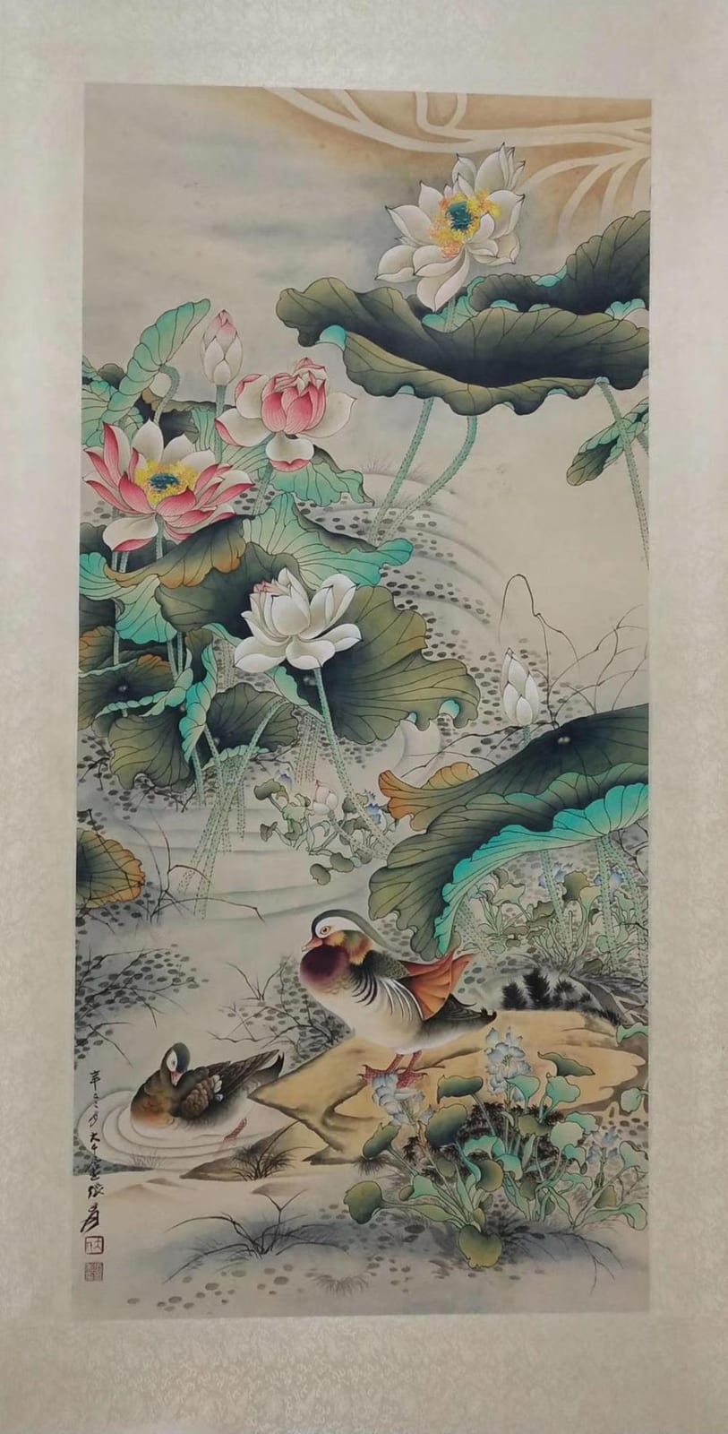 张大千 荷花鸳鸯图立轴 画心尺寸 attributed to Zhang Daqian (1899-1983) “Mandarin duck in lotus flowers”, Chinese paper scroll painting sold by Eternity Gallery, lot 135H — auction record photograph
