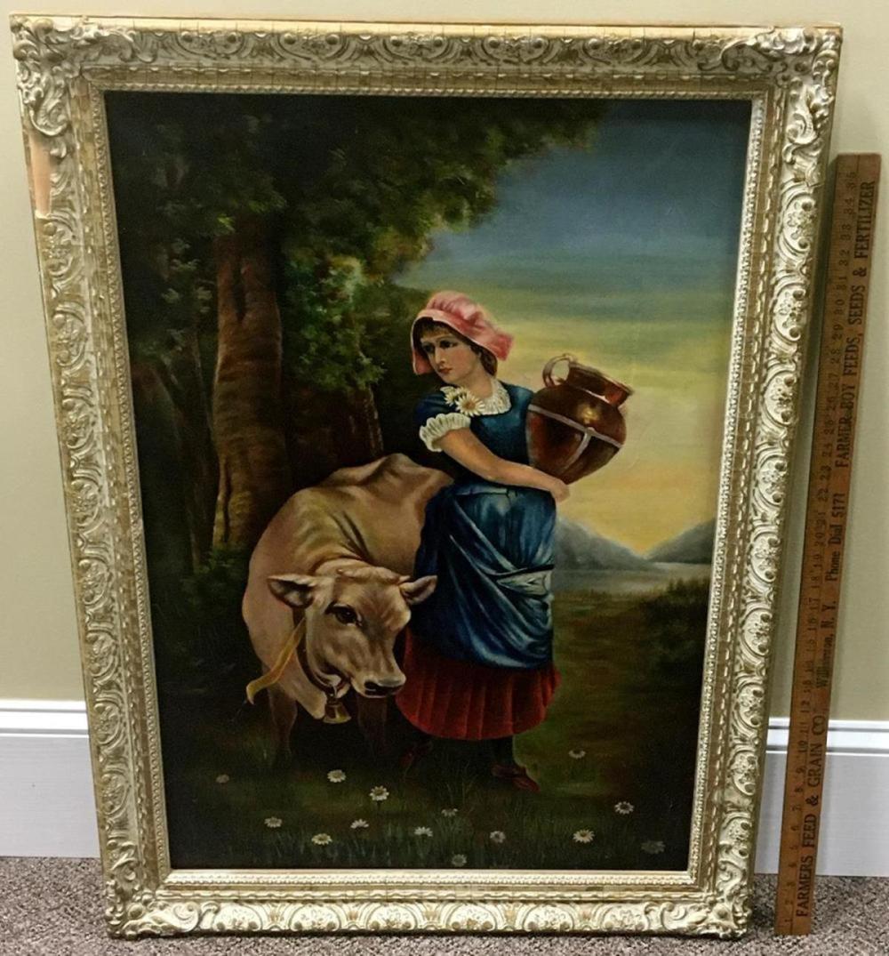 Edwin Douglas comparable auction result: edwin douglas scottish 1848 1914 oil on canvas sark study of a milkmaid beside a jersey cow period framed