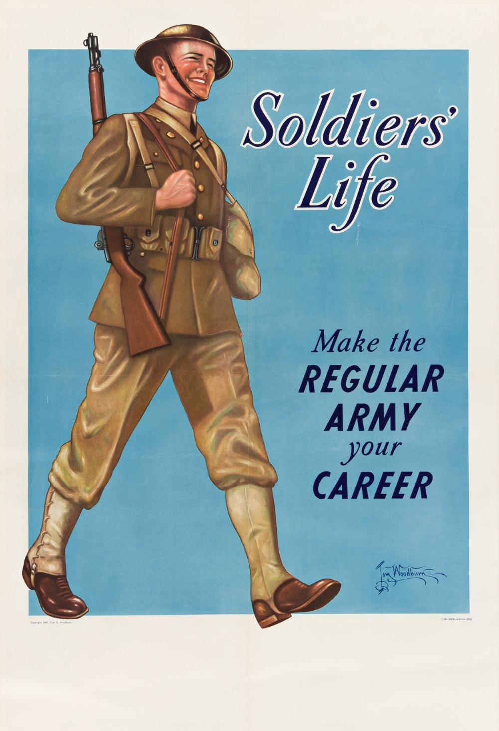 Tom B. Woodburn comparable auction result: tom b woodburn 1893 1980 soldiers life make the regular army your career 1941 36 x24 inches 92 x62 cm
