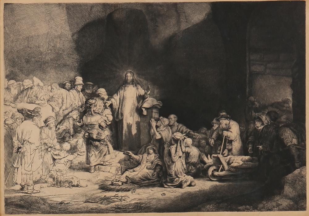 Engraved religious print showing Jesus standing and blessing people gathered around the sick, with men seated on the ground in a dark interior scene.