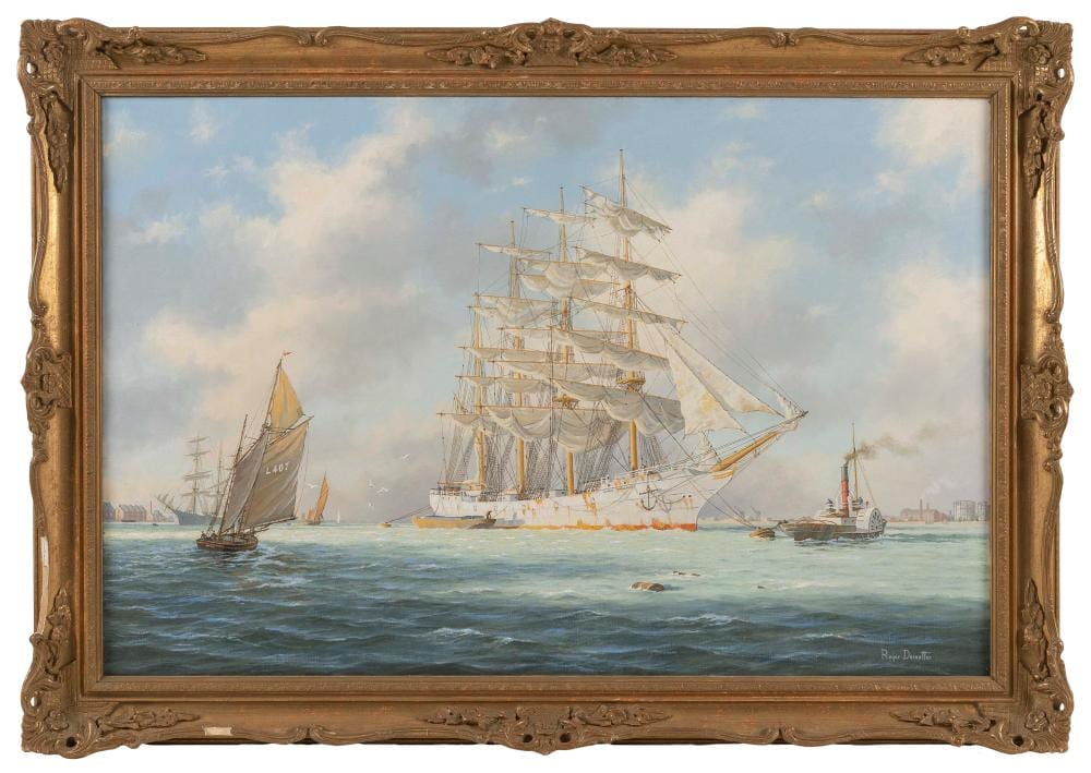 Roger Desoutter comparable auction result: roger desoutter england b 1923 the queen margaret preparing for departure oil on canvas 24 x 36 framed 29 x 41