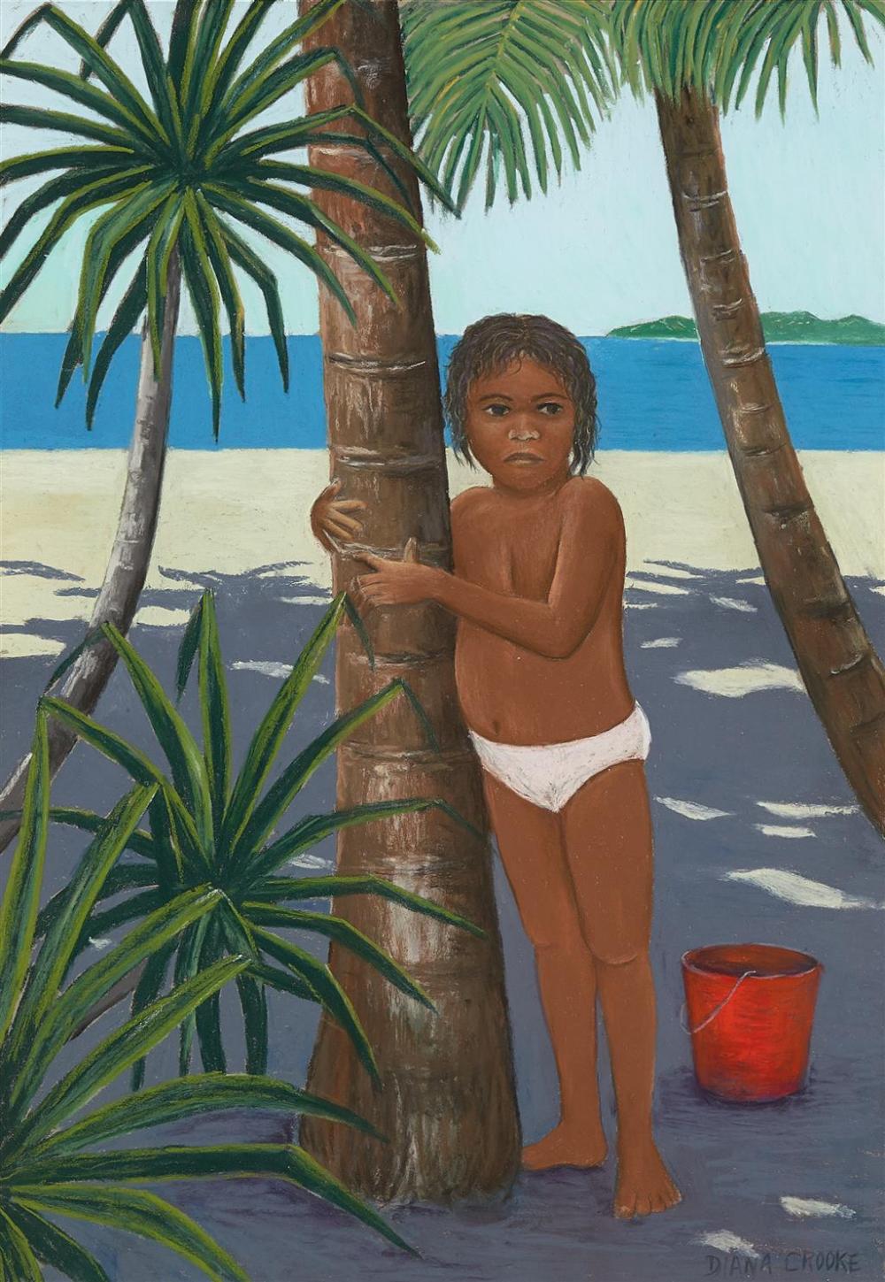 Diana Crooke comparable auction result: diana crooke 1954 boy under palm tree pastel and oil stick 67 x 46 5 cm frame 96 x 76 x 3 cm signed lower right