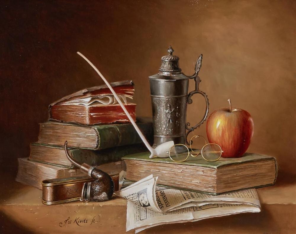 Jos Kivits comparable auction result: jos kivits 1945 dutch pipe books oil on board 38 x 48 5 cm frame 68 x 74 x 8 cm signed lower left