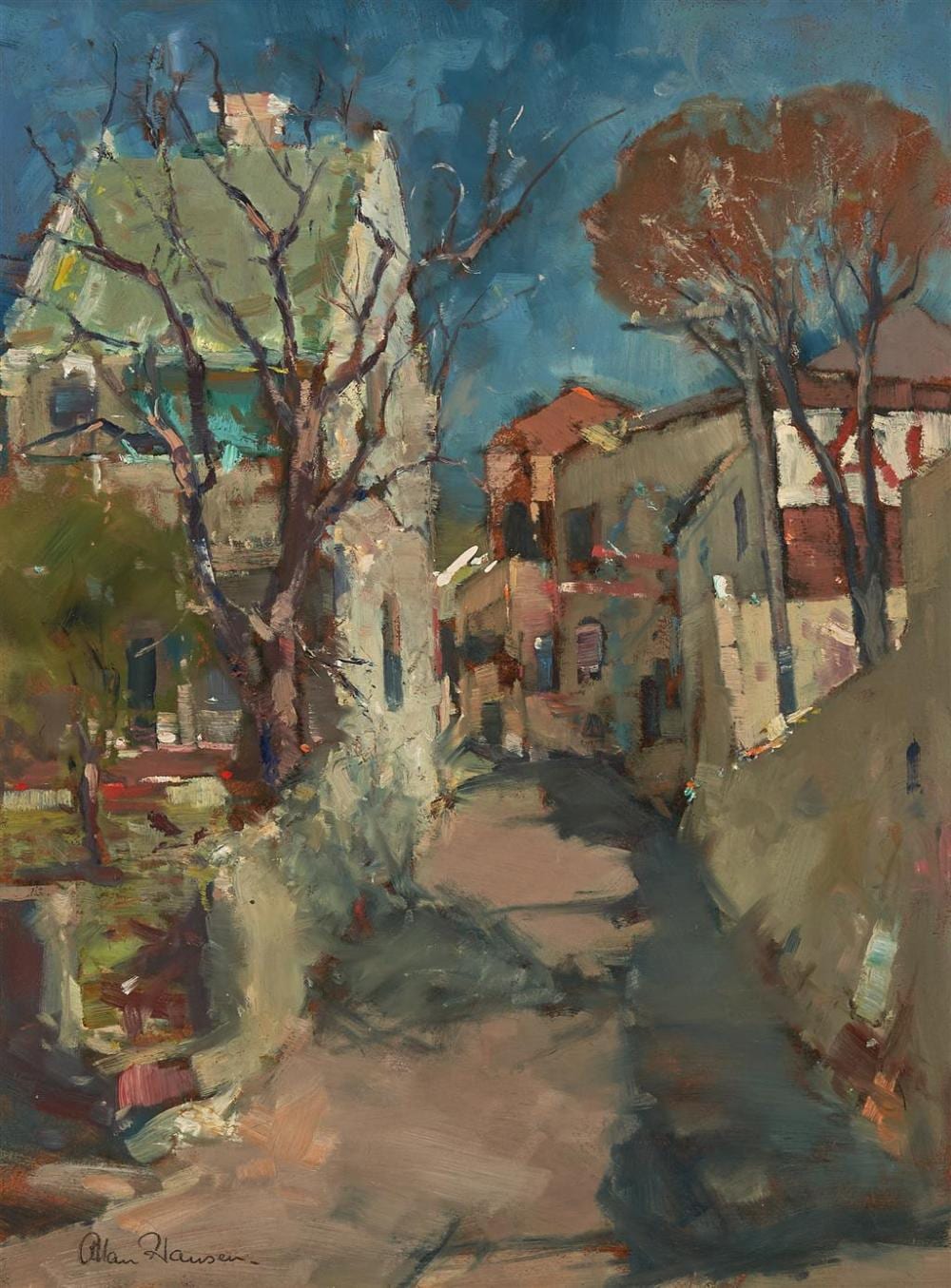Allan Hansen comparable auction result: allan hansen 1911 2000 moonlit lane kings cross oil on board 59 5 x 45 5 cm frame 78 x 63 x 3 cm signed lower left