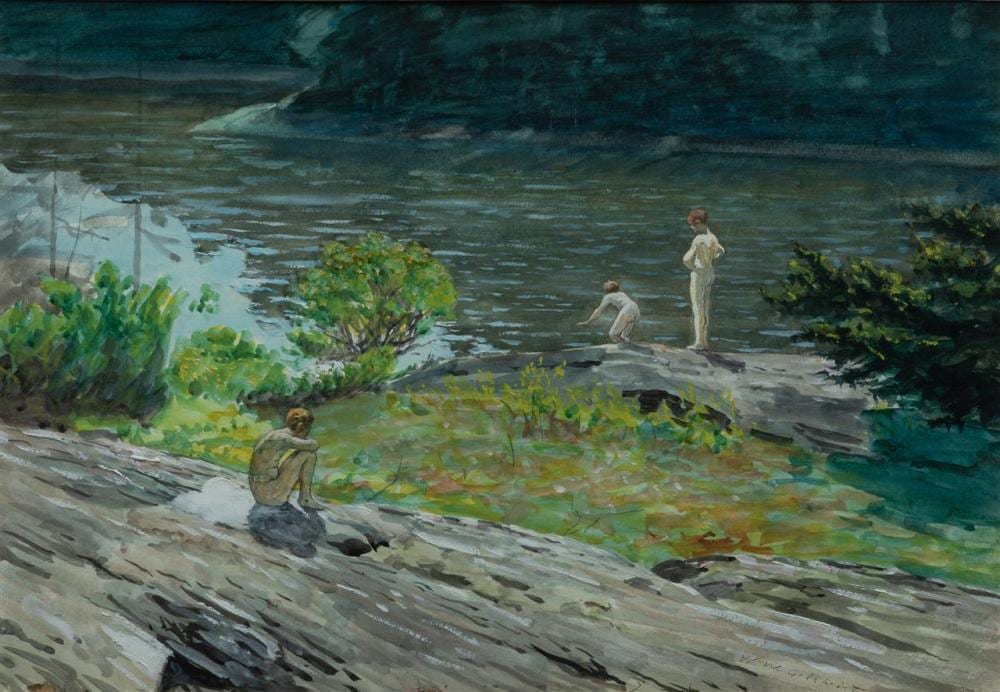 William Wallace Gilchrist comparable auction result: william wallace gilchrist am 1846 1916 bathers watercolor framed 13 5 16 x 19 sight 23 9 16 x 29 5 16 framed