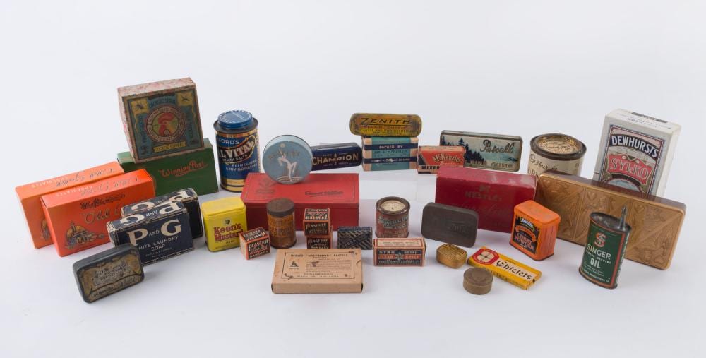 TINS & BOXES: vintage assortment with tins incl. Cadbury's "Bourn-Vita" & a sample tin for "Bournville Cocoa", Pascall "White Pine Gums", Singer sewing machine oil canister, Champion spark plugs, Bickford's "Salvital"; boxes incl. Cocksec Spiral "Be sold by Leski Auctions Pty Ltd, lot 1233 — auction record photograph