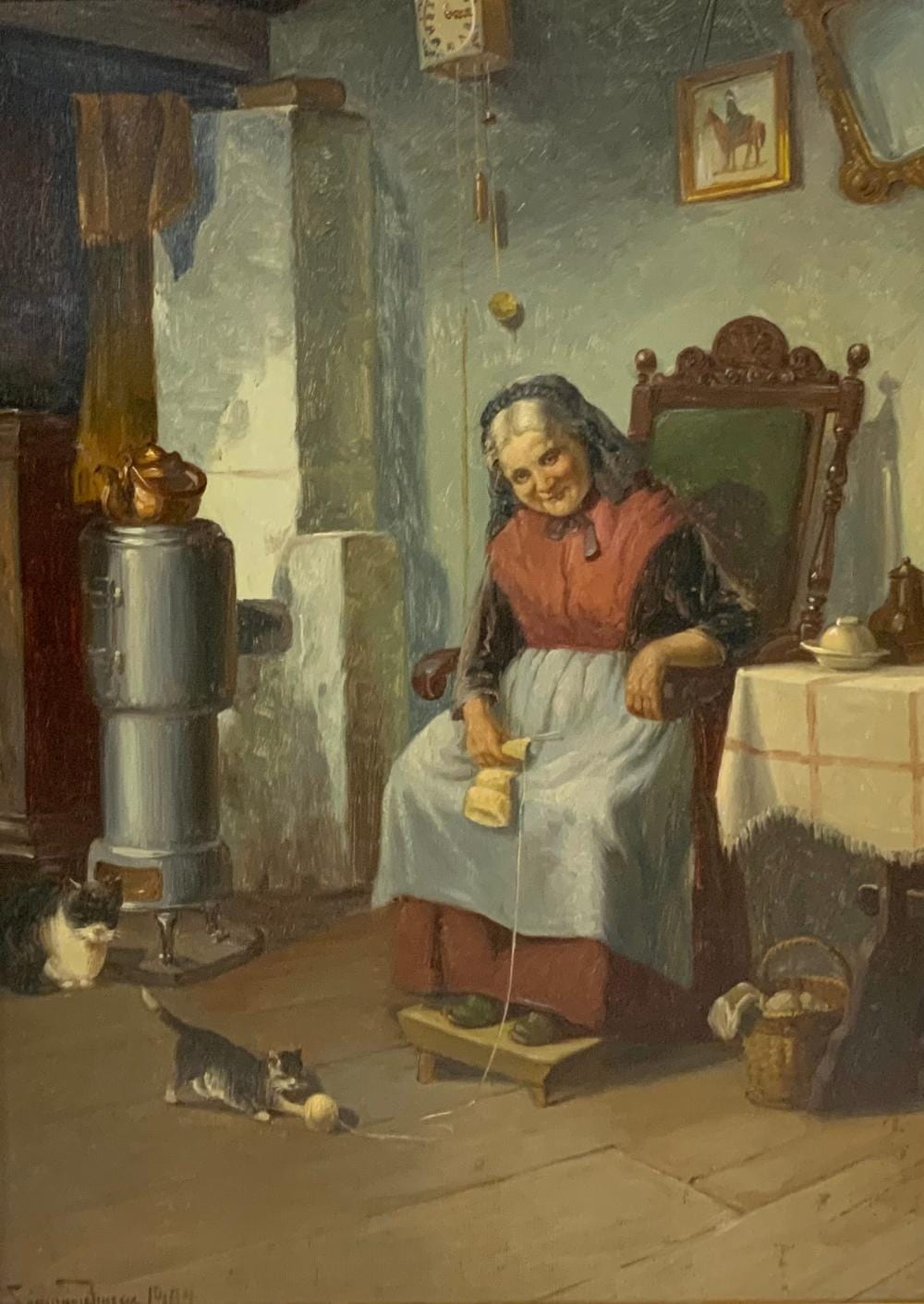 Simony Jensen comparable auction result: simony jensen painting of old woman kitten