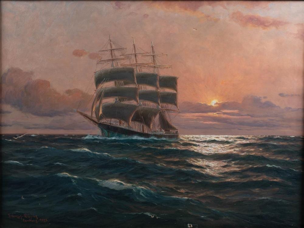 Francis Glusing comparable auction result: martin franz glusing german 1885 1956 tall ship at sunset oil on canvas 23 3 4 x 31 1 2 in 26 3 4 x 34 1 2 in framed