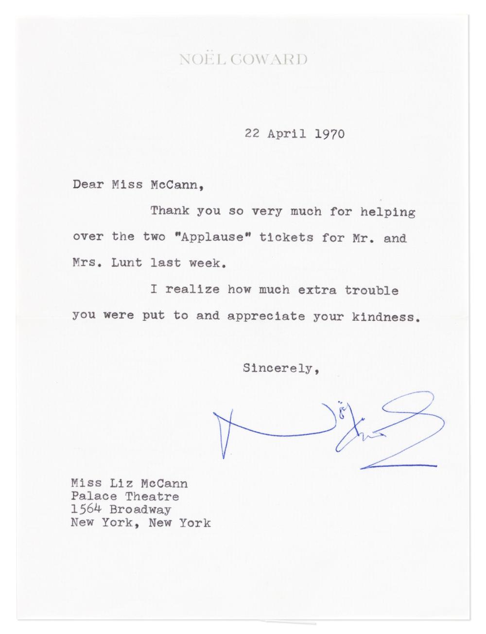 Noël Coward comparable auction result: no l coward 1899 1973 typed letter signed to theatrical producer elizabeth ireland mccann