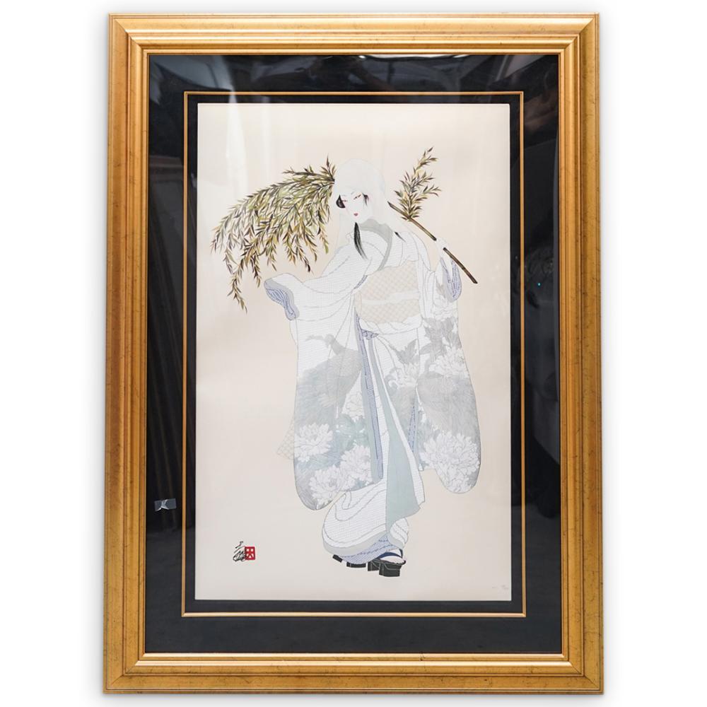 Framed lithograph print showing a pale, stylized standing woman holding leafy branches near her head and shoulders.
