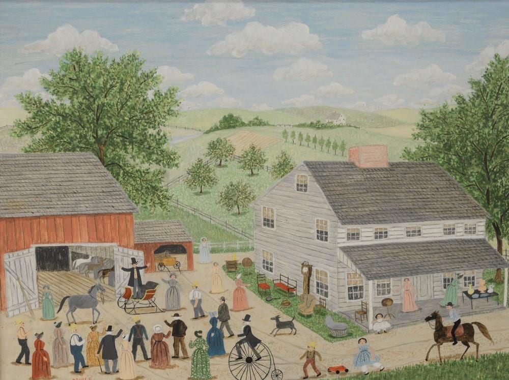 Albert Webster Davies comparable auction result: albert webster davies american 1889 1967 auction in the town oil on masonite signed lower left davies 17 1 2 x 23 1 2