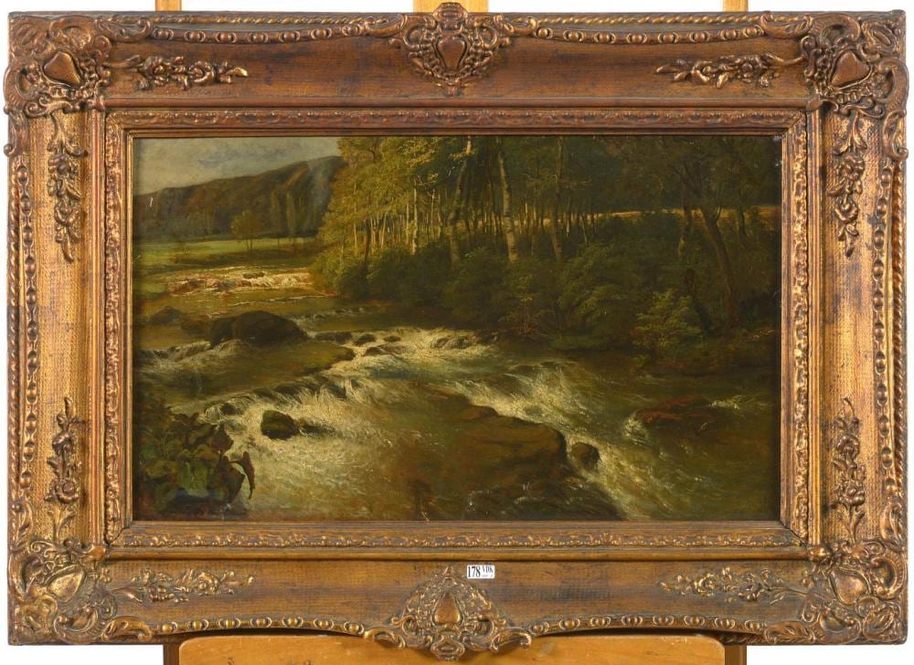 Jozef van Luppen comparable auction result: huile sur papier maroufl sur toile rivi re traversant un paysage bois en ardennes sign en bas