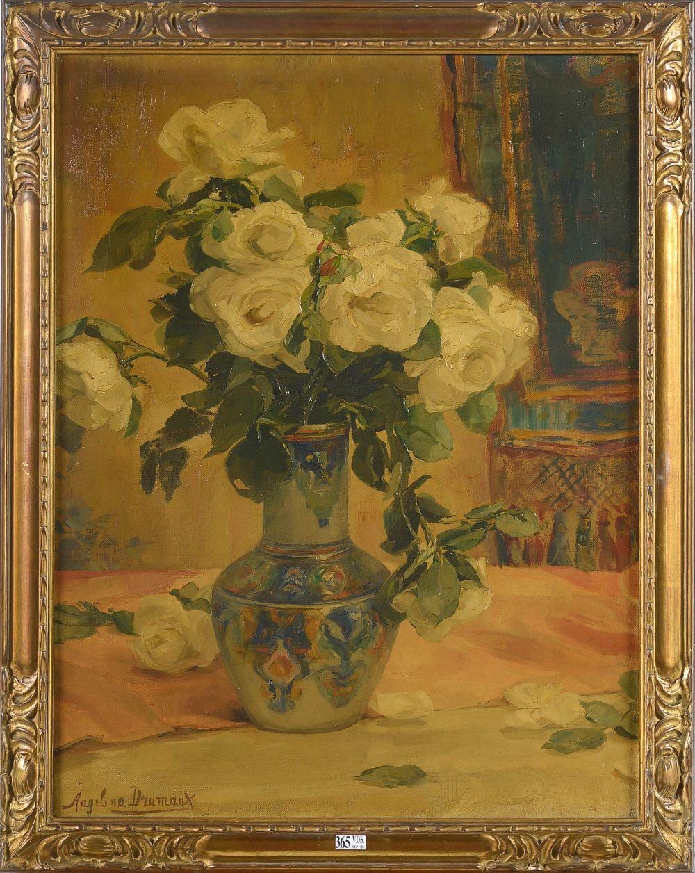 Angelina Drumaux comparable auction result: huile sur toile nature morte au vase de roses blanches sign en bas gauche angelina drumaux ec