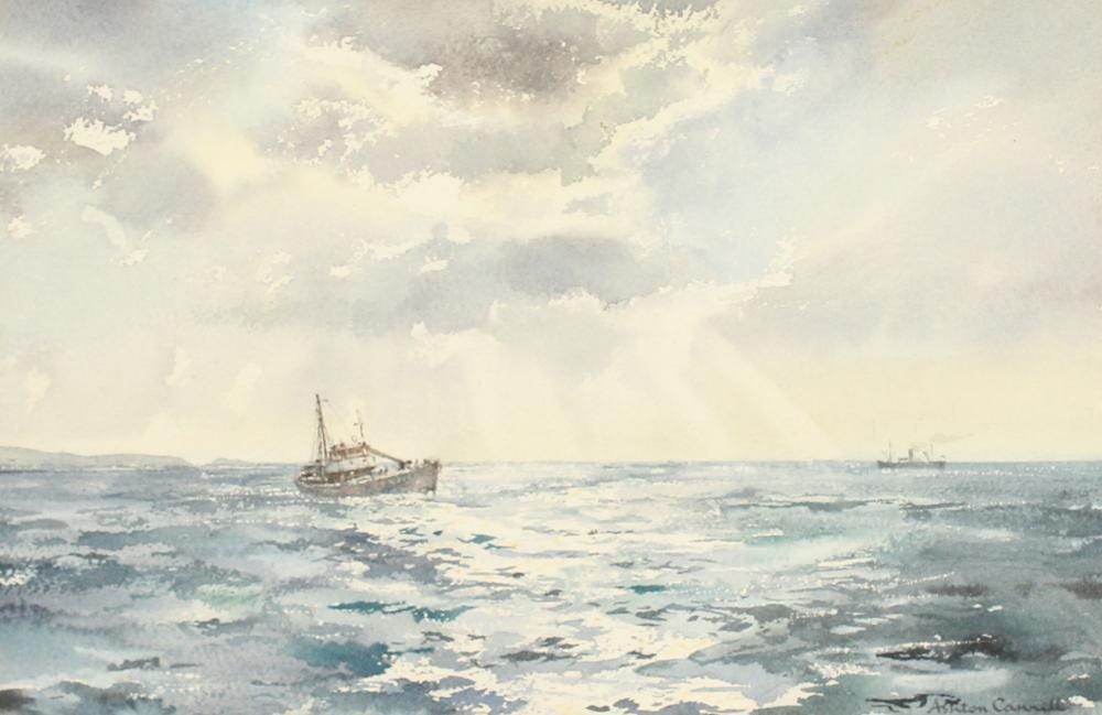 Edward Ashton Cannell comparable auction result: ashton cannell 1927 1994 fishing boats on open water watercolour signed 9 25 x 14