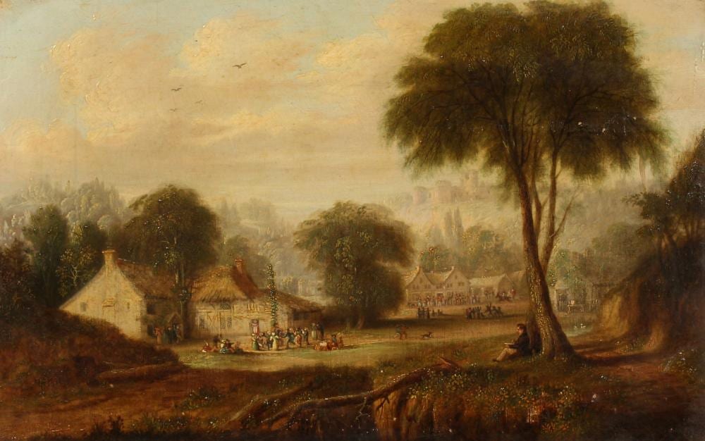 abel hold 1815 1891 british the village fjte with an artist in the foreground and a castle beyond oil on c · John Nicholson's Fine Art Auctioneers & Valuers · 2021-08-11 Abel Hold comparable auction result: abel hold 1815 1891 british the village fjte with an artist in the foreground and a castle beyond oil on c