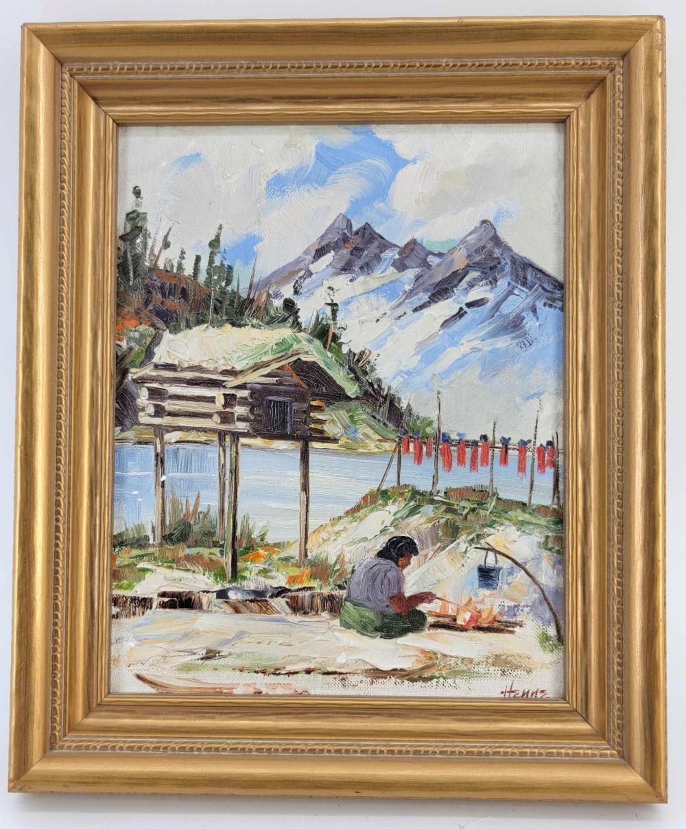 Ellen Henne Goodale (1915-1991) Original Oil Painting of Fish Camp sold by Alaska Premier Auctions & Appraisals, lot 174 — auction record photograph
