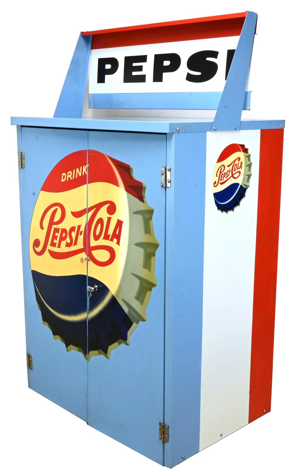 Rare Vintage Pepsi Cola Bottle Crate Storage Cabinet sold by Mebane Antique Auction, lot 25 — auction record photograph