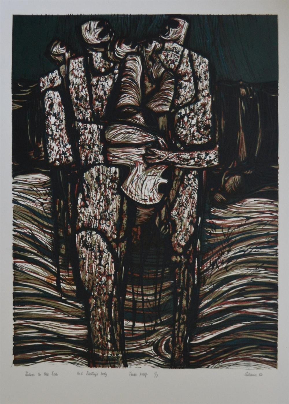 Tate Adams comparable auction result: tate adams rider to the sea no 4 bartley s body screenprint trial proof 56 x 43cm condition overall good some minor brown st