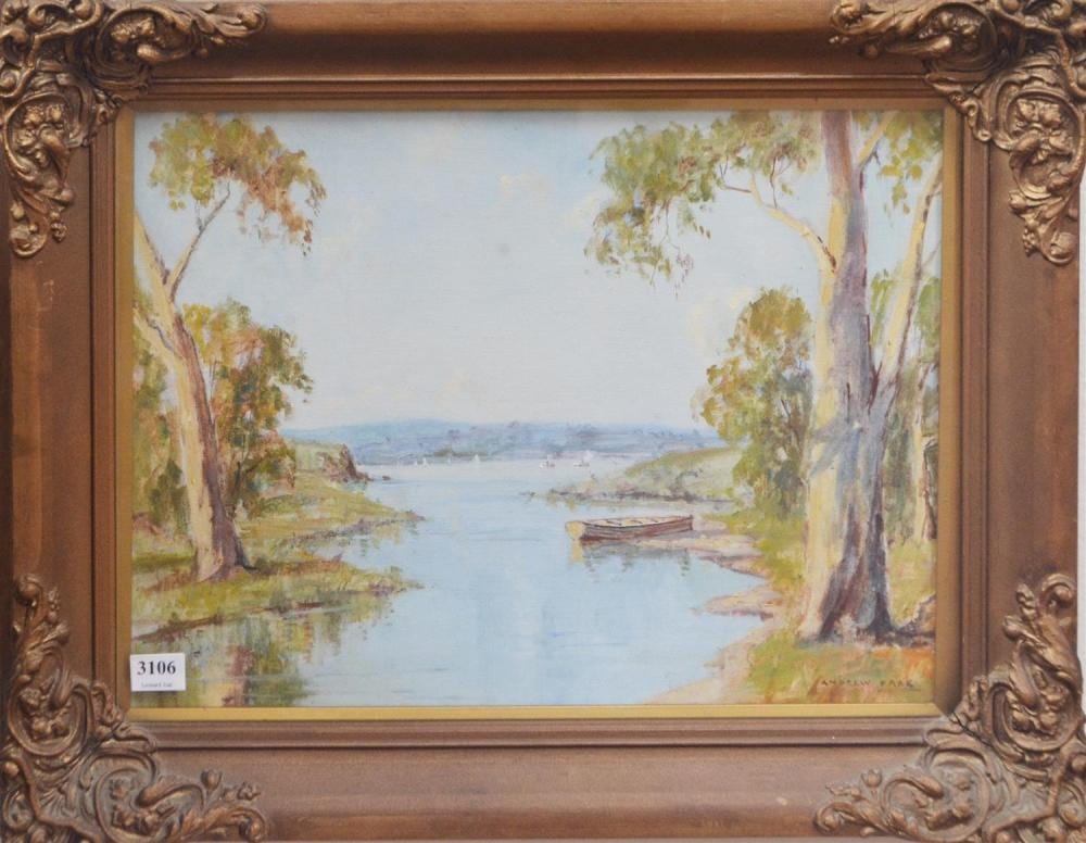 Andrew Park comparable auction result: andrew park glimpse of the hawksburg river oil on canvasboard 28 x 38cm
