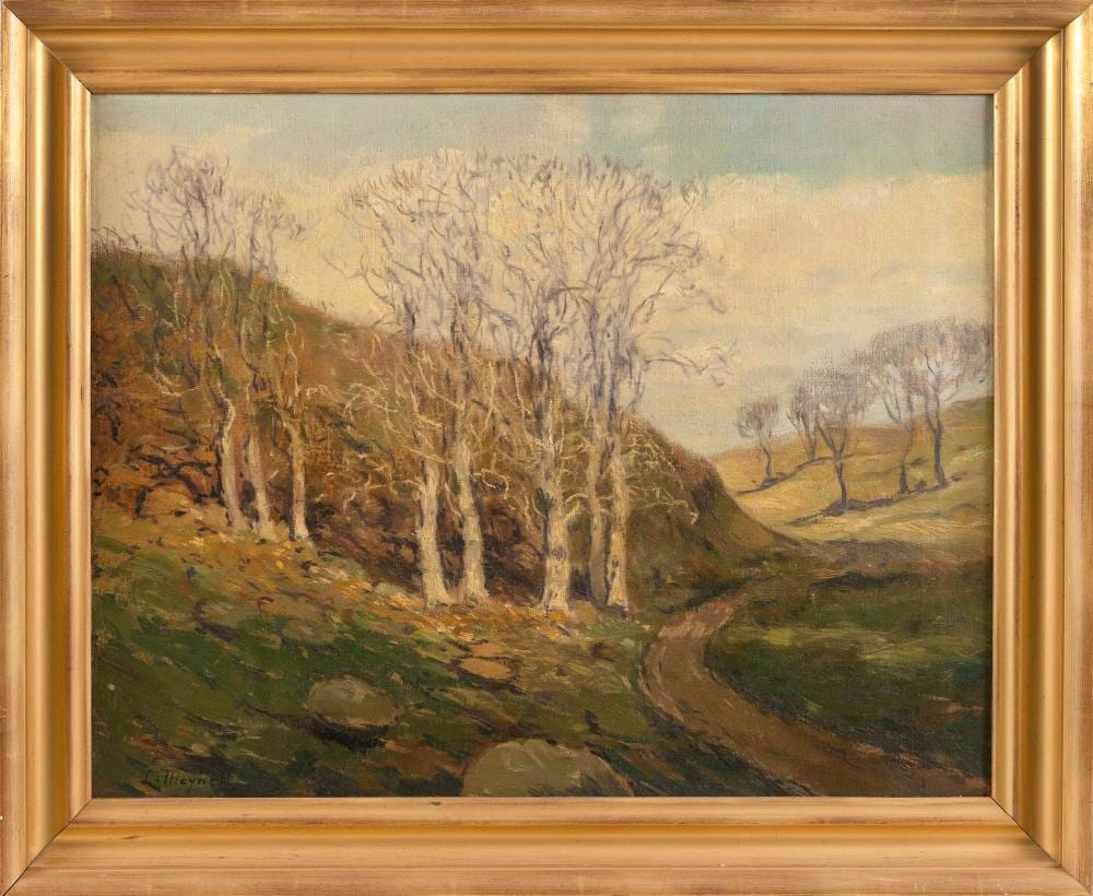 Louis Meynell comparable auction result: louis meynell massachusetts maine 1868 row of trees by a winding road oil on canvas 20 x 26 framed 24 5 x 30 5