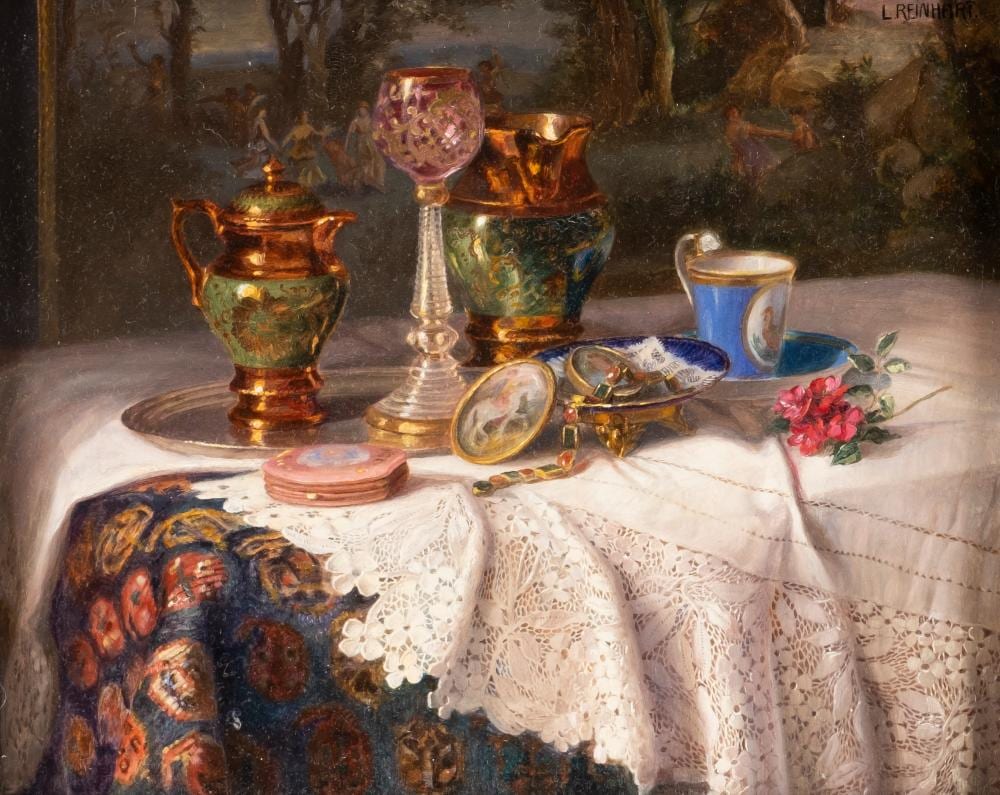 Lea Reinhart comparable auction result: lea reinhart stillleben mit karaffe glaspokal und porzellan