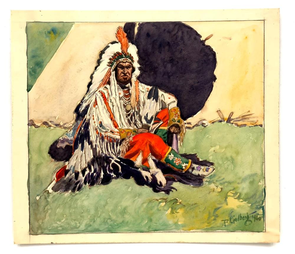 Thorsten Lindberg comparable auction result: thorsten lindberg chief white man runs him watercolor on board