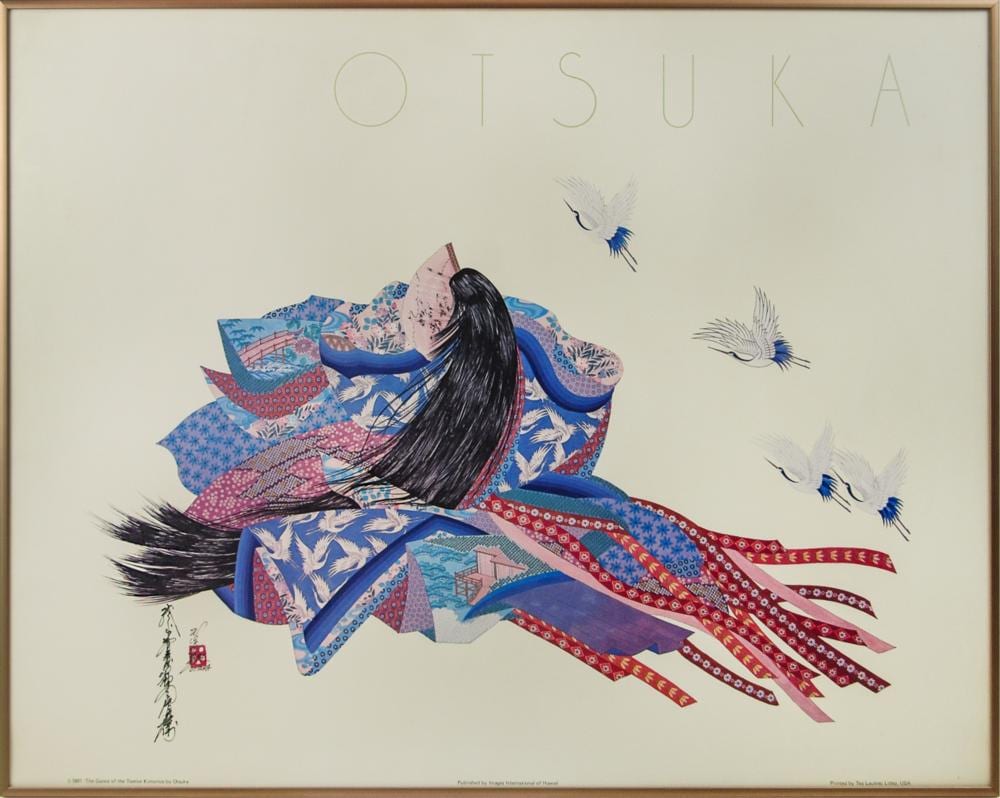 Framed mixed-media print showing a blue-and-red patterned fabric figure with a dark head and long black hair, with small blue birds in the background.