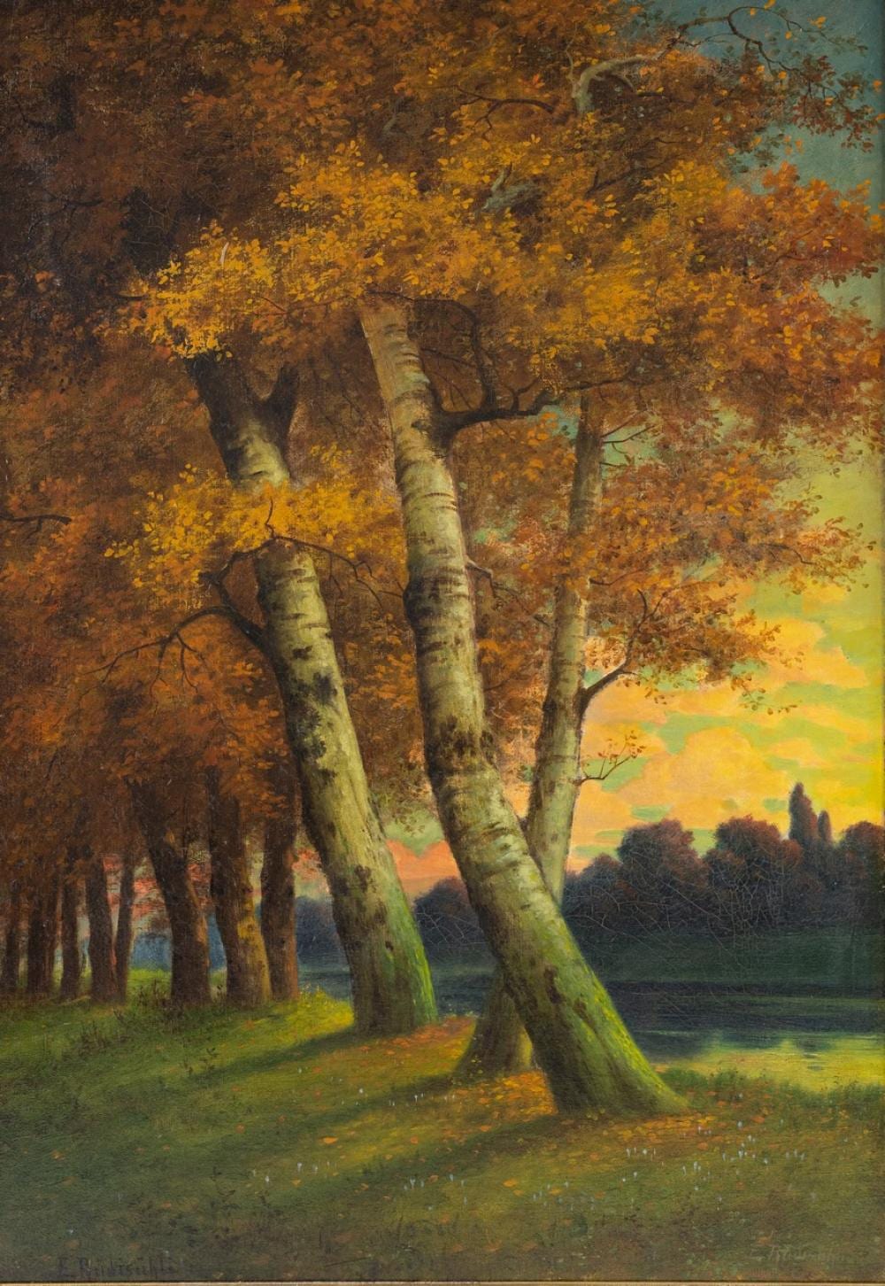 Eduard Rudisuhli, Swiss (1875-1938), Birches at Sunset, oil on canvas, 25 3/4 x 18 in. (65.4 x 45.7 cm) sold by Maynards Fine Art & Antiques, lot 590 — auction record photograph