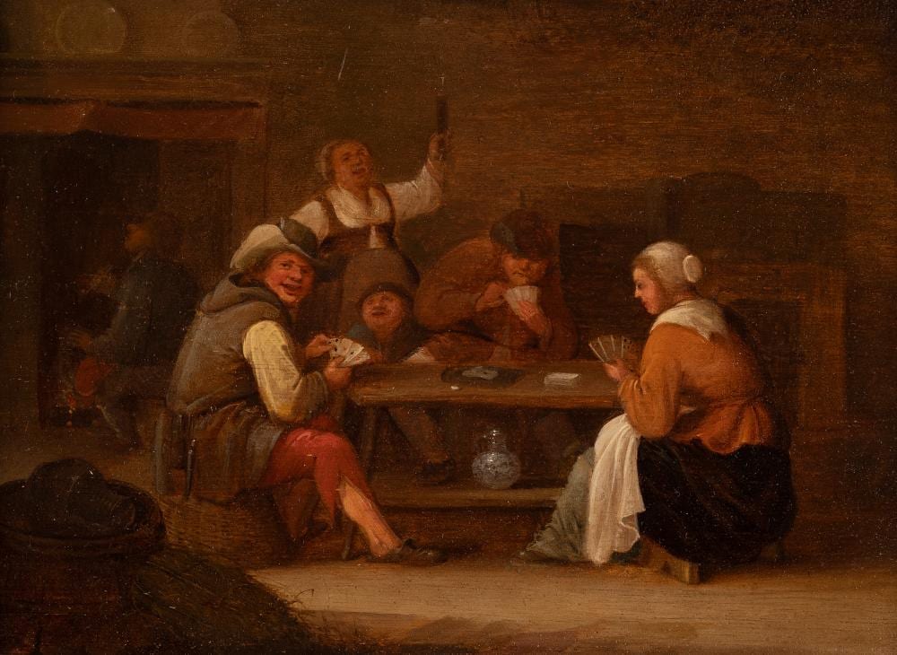 Bartholomeus Molenaer comparable auction result: bartholomeus molenaer trinkende und kartenspielende bauern am tisch in einem d rflichen interieur