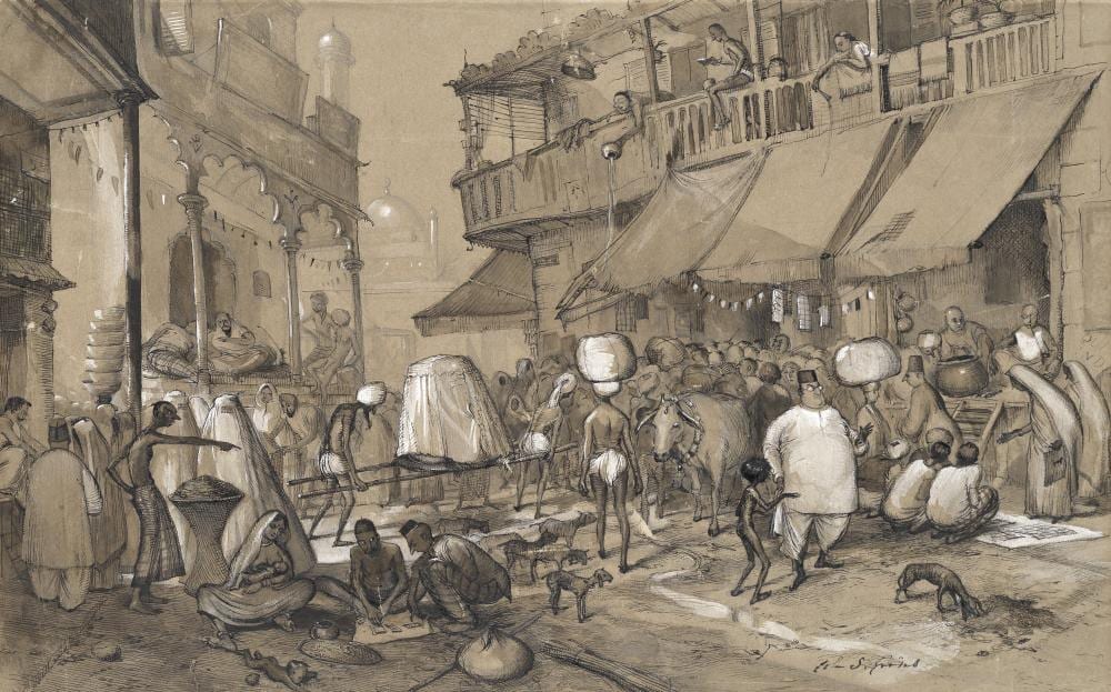 John Strickland Goodall comparable auction result: john strickland goodall british 1908 1996 a busy street scene near jama masjid mosque bombay mounted but unframed