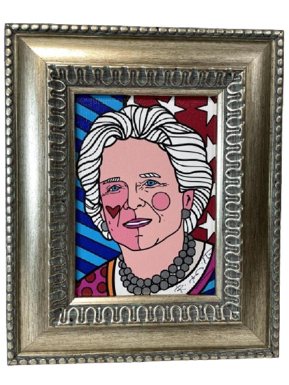 Framed colorful pop-art portrait of a woman with white hair, a pearl necklace, and patterned background.