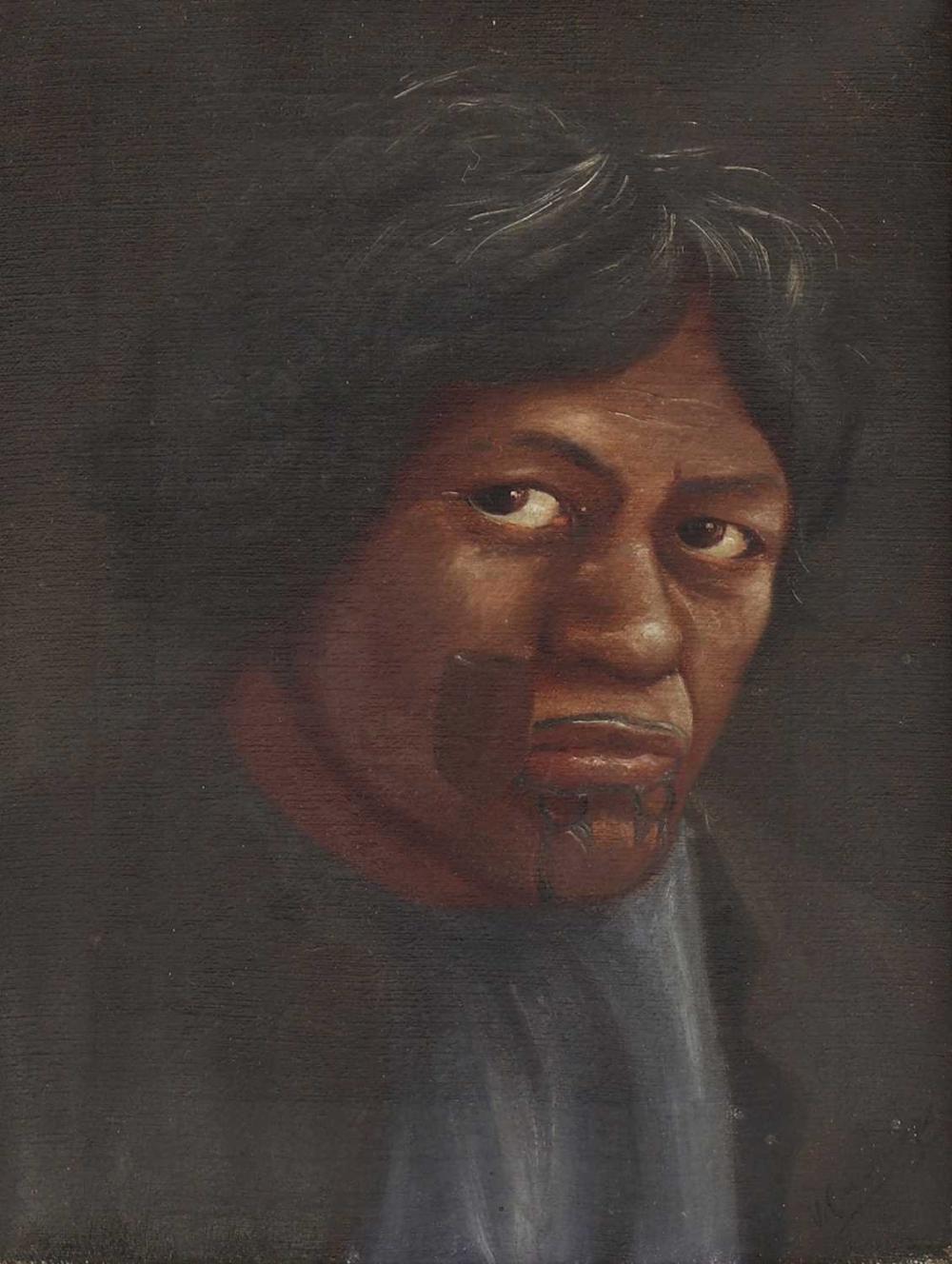 Close-up oil painting of a woman’s face with short dark hair, looking to the side.