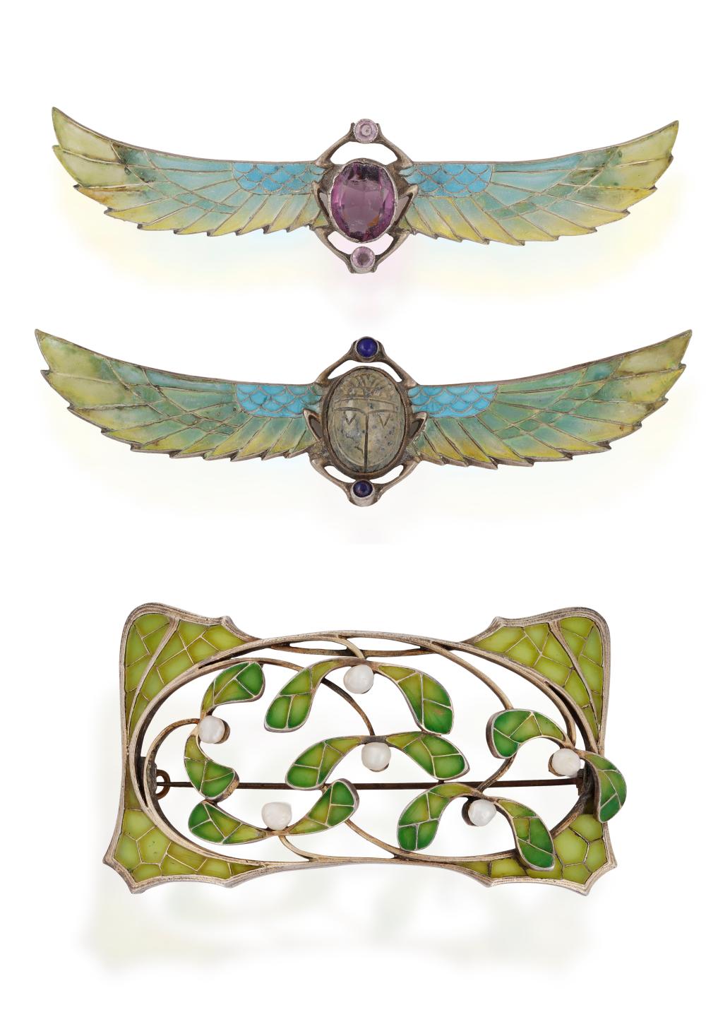THREE ART NOUVEAU BROOCHES, one brooch (possibly a former central plaque for choker), of openwork foliate design, decorated with green enamel plique-a-jour, with baroque pearl highlights, mounted in silver, with makers mark for Karl Hermann or Levin sold by Adam's, lot 125 — auction record photograph