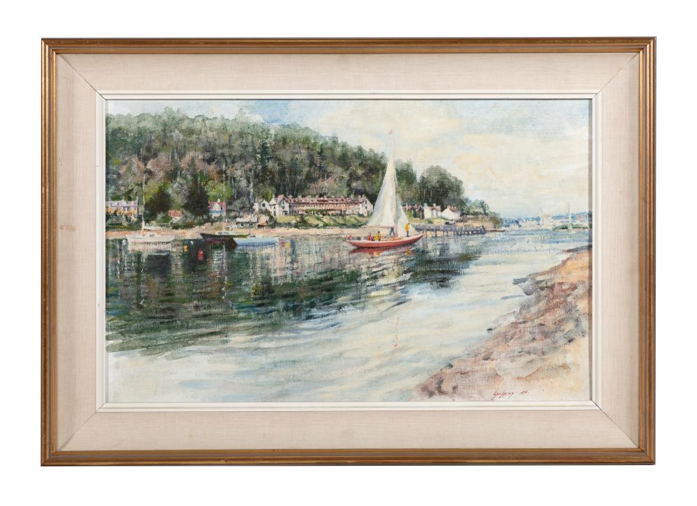 Roy Lyndsay comparable auction result: roy lyndsay b 1945 sailboat and coastal town oil on canvas board 42 x 67cm signed and dated lyndsay 04
